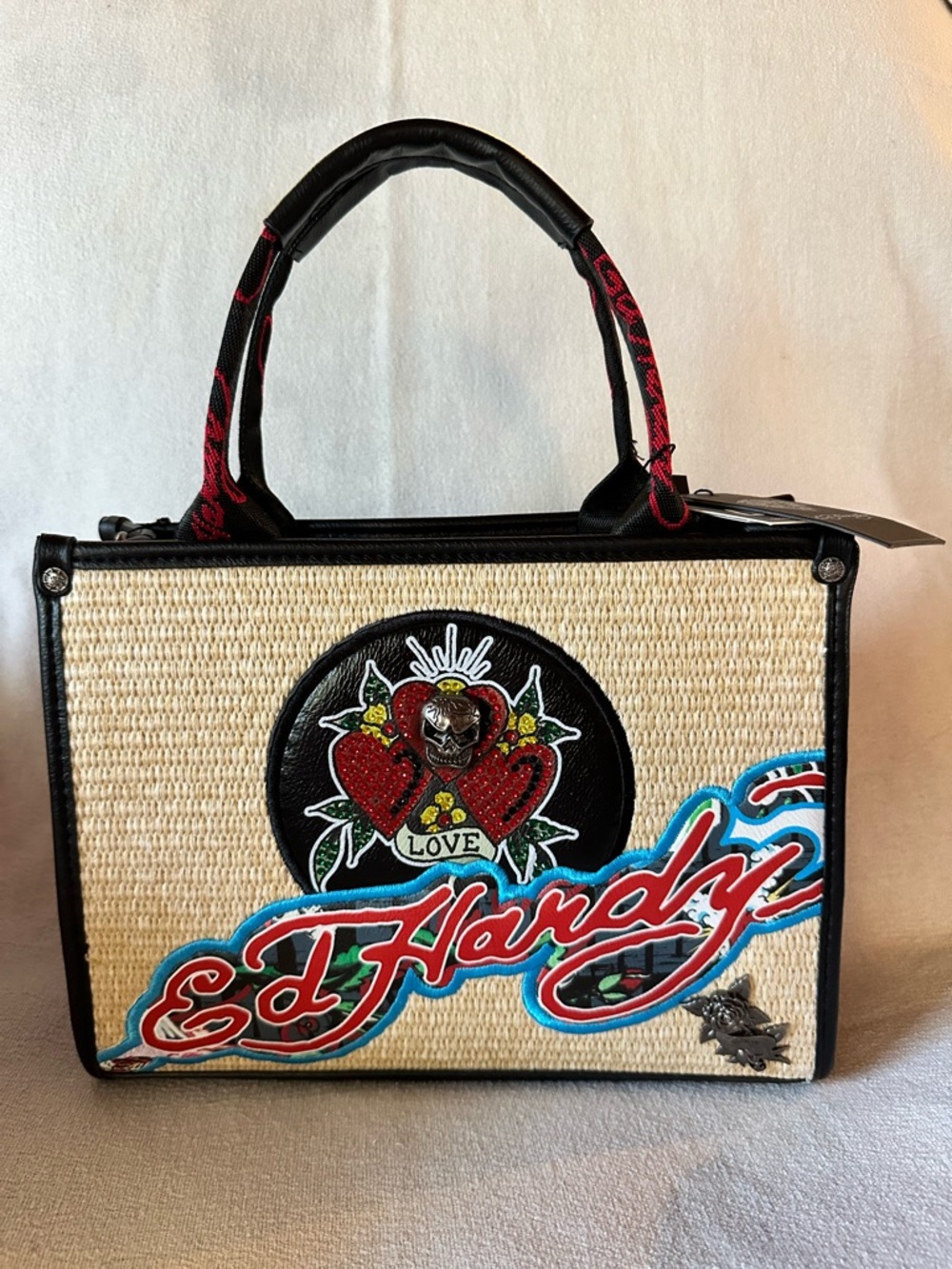 Ed Hardy Beige Straw Tote with Black Trim and Rhinestone Accents